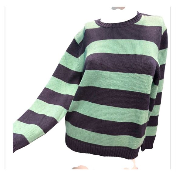 Lands' End Sweaters - Lands End Classic Striped Crew Neck Sweater Women’s Size Medium Green and Navy B